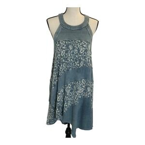 Free People Poly Tunic Dress Pieced Floral Uneven Hem‎ Seaming Blue Blue Small